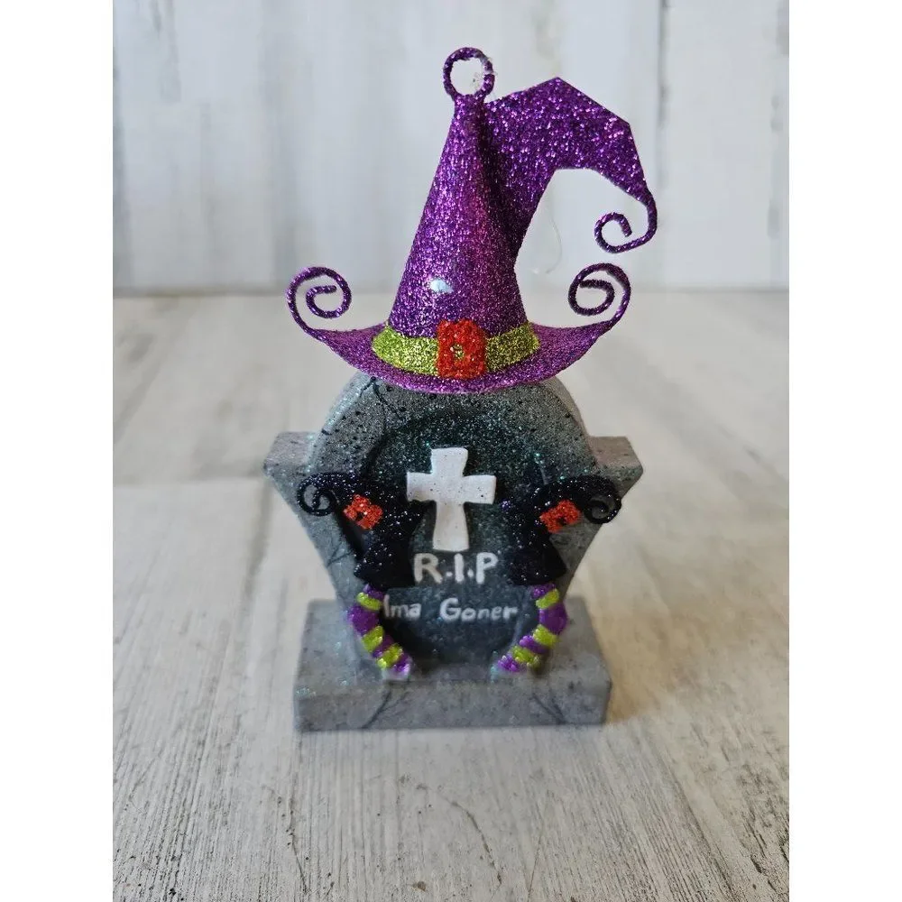 Pier 1 glitter witch tombstone ornament Halloween decor rare vintage rip